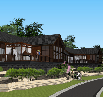 现代斜屋顶民宿酒店su草图模型下载