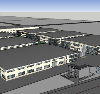19工业风格标准厂房，现代厂房，物流配送中心，工业园区，产业园，大型工厂，办公楼广场旗杆su草图模型下载