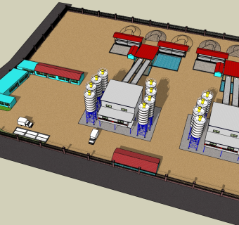 32现代风格工厂 工厂搅拌站 混凝土搅拌站 化工厂，工业园，产业园区 冷凝罐，管道，简易办公室，移动板房，厂房su草图模型下载