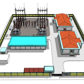 45  100kV 变电站 供电所 厂房 高压输电线电力设施，现代风格电塔，信号塔，高压线塔su草图模型下载
