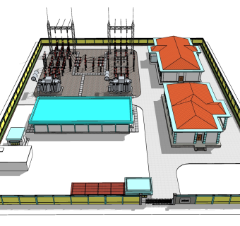 45  100kV 变电站 供电所 厂房 高压输电线电力设施，现代风格电塔，信号塔，高压线塔su草图模型下载
