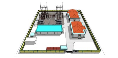 45  100kV 变电站 供电所 厂房 高压输电线电力设施，现代风格电塔，信号塔，高压线塔su草图模型下载