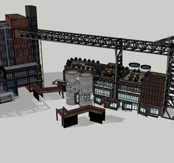 46工业风格标准厂房_厂区_厂房_工业区_工业园_工厂 工业风 屋顶花园 玻璃房 工厂储蓄罐 储蓄设备 办公楼su草图模型下载