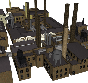 52古典风格标准厂房 商业展区 办公楼 工业园 创意园 产业园 商业街 能源基地 烟囱su草图模型下载