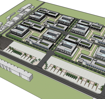 77现代工业园  厂房，办公楼，现代化企业厂房，电器厂 服装厂，产业园区，工业园，标准厂房，厂房园区规划（1）su草图模型下载