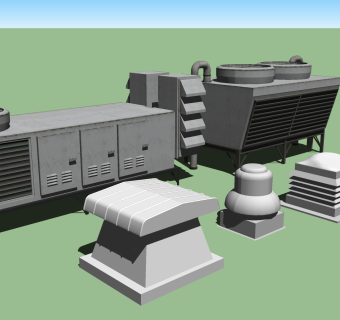 155商业大厦暖通空调包 大厦屋顶消防设备，机械排烟设备，室外空调，空调系统设备su草图模型下载
