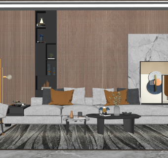 现代轻奢客厅置物架摆件沙发组合su草图模型下载