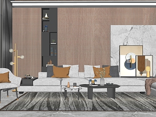 现代轻奢客厅置物架摆件沙发组合su草图模型下载
