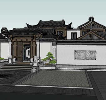 14中式风格古典园林建筑组合 水榭楼阁 景观廊亭 长廊 亭子 中式苏州风格园林 新中式度假宾馆酒店 别墅大门 门头 游廊su草图模型下载