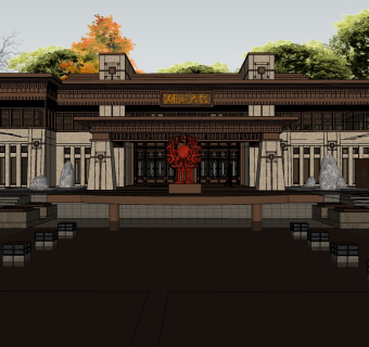 37中式度假宾馆酒店 汉唐风格中式建筑 中式会所酒店  中式售楼部 商业广场 庭院景观 梅花树su草图模型下载