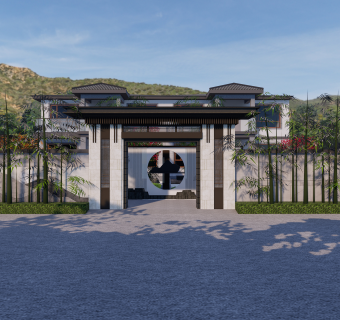 39新中式风格艺术风格建筑 庭院 大门 围墙 新中式别墅会所 四合院 新中式度假酒店su草图模型下载