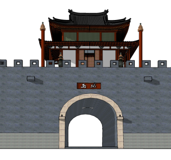 81 中式古代城门关口驿站  中式古建城门 城墙 城楼 中式风格风景名胜 古建筑 影视基地su草图模型下载