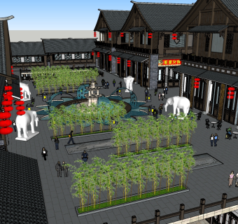 96中式古建 新中式特色度假宾馆酒店  中式商业街  度假小镇 中式商业广场 四合院 牌楼牌坊 酒楼茶馆（1)su草图模型下载