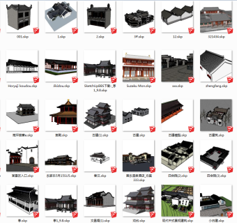 100中式古建民居  中式古建 中式阁楼 大殿 钟楼 鼓楼 塔楼 古建  酒楼 戏楼 民居  四合院  中式沿街商铺su草图模型下载