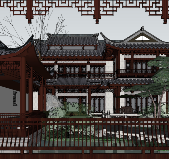 65苏州桃花源中式桃花源别墅，传统仿古中式园林  庭院连廊 楼阁 景观规划 中式苏州风格园林  水榭楼阁  景观廊亭 长廊 亭子su草图模型下载