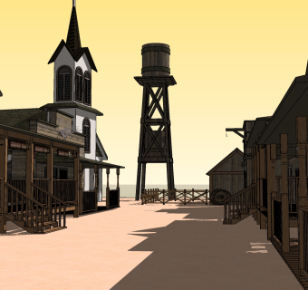 175西部小镇电影场景 美国西部小镇  美式乡村建筑 沿街商铺 教堂 酒桶 塔楼su草图模型下载