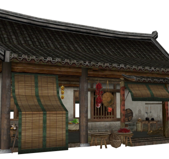 176 中式古建  古代伙房厨房 中式厨房 伙房 厨房用品 古代乡村民居 民宅su草图模型下载