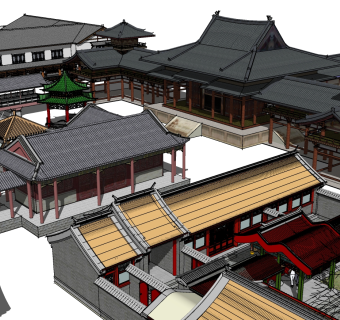 180中式古建筑庙宇   中式古建阁楼 寺庙 中式古典四合院 宝殿 钟楼 鼓楼 中式古建殿堂 中式唐宋寺庙 景观廊亭 长廊 亭子  （2）su草图模型下载
