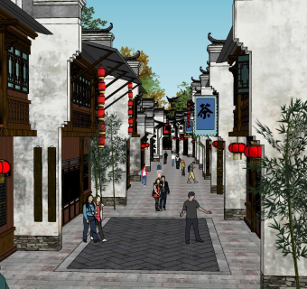 193古建中式商业街  古建筑风格景观 古镇古街 江南古代小镇  徽派建筑 马头墙  酒楼茶馆 民宿酒店 客栈  步行街su草图模型下载
