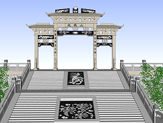 199中式古建 牌坊 景区入口  景观规划   石阶  祭祀su草图模型下载