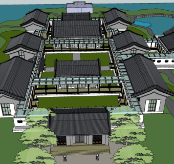 140中式古建 新中式特色度假宾馆酒店  中式商业街  度假小镇 中式商业广场 四合院  酒楼茶馆su草图模型下载