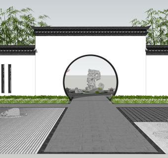 141中式古建 中式拱门 月亮门  中式庭院景观  新中式院墙su草图模型下载