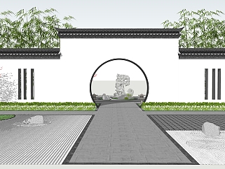 141中式古建 中式拱门 月亮门  中式庭院景观  新中式院墙su草图模型下载