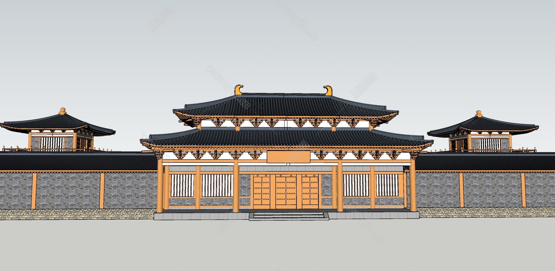 现代中式汉唐风格古朴商业街建筑sketchup模型su模型下载-光辉城市