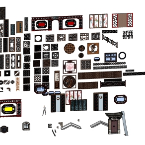 157中式 雕花 中式古建大门 门头 民国建筑 欧式窗户 镂空格栅 屏风  中式古典门扇  窗花su草图模型下载
