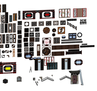 157中式 雕花 中式古建大门 门头 民国建筑 欧式窗户 镂空格栅 屏风  中式古典门扇  窗花su草图模型下载