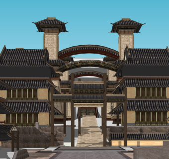 125汉唐风格古城  城池 洛阳城 中式商业街区 中式古建古镇古街 影视基地 汉唐城楼 牌坊牌楼 塔楼 廊桥su草图模型下载