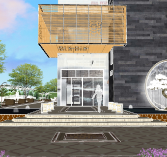 86现代风格住宅景观 新中式售楼处 售楼处门头 售楼处外立面  入口景观  中式庭院景观 中式景观小品 公共座椅  凉亭  户外桌椅su草图模型下载