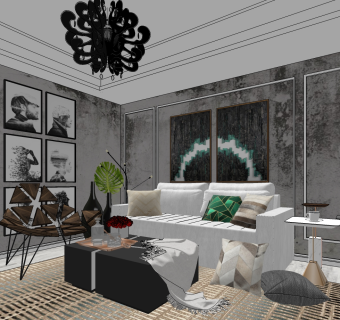 北欧现代客厅su草图模型下载