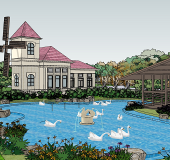 03欧式现代风格公园景观 欧式度假酒店 滨水景观带 市民休闲公园 花池 树池 园林造景 水景 白天鹅su草图模型下载