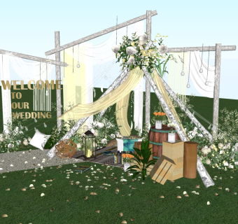 21户外小清新婚礼场地 甜品区 婚庆 铁架 植物 摆件 木架 木头 乡村 户外仪式婚礼su草图模型下载