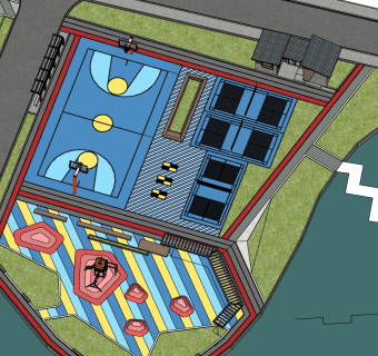 22体育公园 现代风格公园景观 儿童乐园 健身公园 健身设施 彩色沥青篮球场su草图模型下载