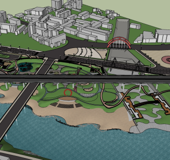 35下沉式运动公园景观设计 现代风格公园景观 滨水景观带 市民休闲公园su草图模型下载