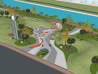 现代<em>曲线</em>异形构架 滨水河廊 公园环境su草图模型下载