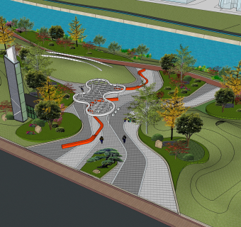 42现代风格公园景观 现代公园   现代风格花池 树池 树池坐凳  现代曲线异形构架 滨水河廊 公园环境su草图模型下载