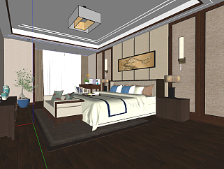 新中式卧室,<em>客房</em>双人床su草图模型下载