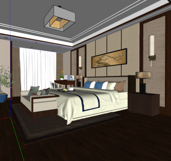 新中式卧室,客房双人床su草图模型下载