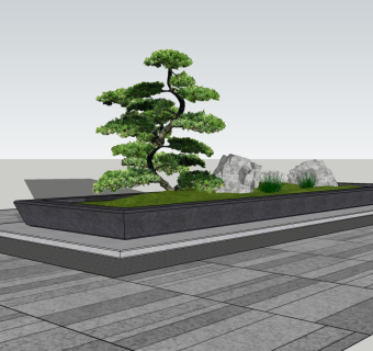 50新中式风格庭院景观 松树石头景观小品 枯山水园艺景观小品 假山 石头 景观墙  禅意景su草图模型下载