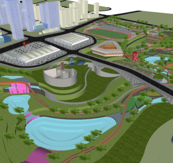 52现代风格公园景观 滨水景观带 体育公园 廊桥 栈道 儿童活动乐园  市民休闲公园  景观树池 景观座椅 休息树池su草图模型下载