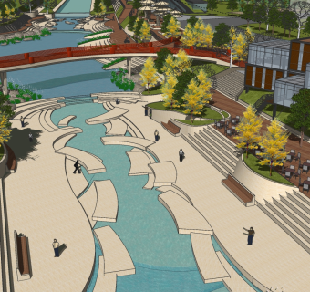 53现代风格公园景观 滨水景观带 体育公园 廊桥 栈道   市民休闲公园  景观树池 景观座椅 集装箱建筑su草图模型下载