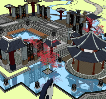 59中式商业景区入口景观  中式庭院 园林建筑   中式休闲公园  月亮门 凉亭 牌坊 中式院墙su草图模型下载