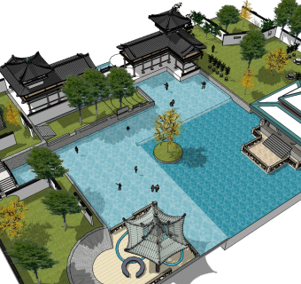 63中式度假村景观 中式园林造景 中式禅意庭院 景观 建筑 凉亭 景观亭子 假山 花坛 绿化su草图模型下载