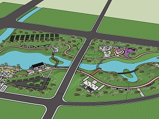 70现代风格公园景观 滨水景观带 体育公园 廊桥 栈道   市民休闲公园  湿地公园景观设计（1）su草图模型下载