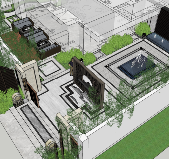 01新中式风格庭院景观 石头景观小品  枯山水园艺景观小品  水景 石头 景观墙  门口石鼓 禅意景观su草图模型下载