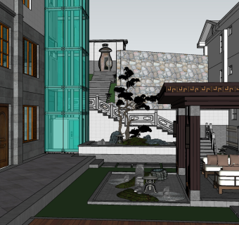 02新中式风格庭院景观 禅意庭院景观 民宿庭院景观  新中式禅意水景松树 休闲沙发 景观小品枯山水石su草图模型下载