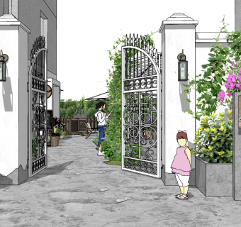 04花园民宿 书吧庭院 现代简约花坛 水池 庭院景观 花园景观su草图模型下载